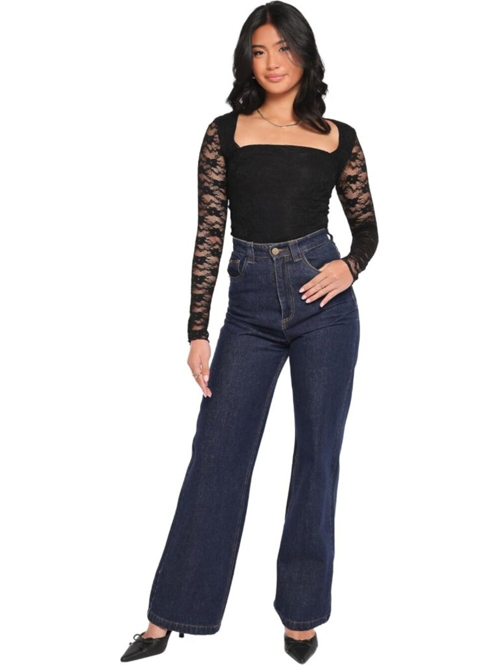 Chic Black Square Neck Stretch Lace Top - Elegant XL Women's Fashion Blouse